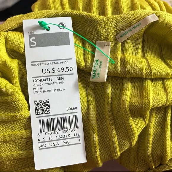 Benetton Small Silk Cotton Chartreuse V-neck Ribbed Sweater Minimalist NEW - Picture 5 of 10